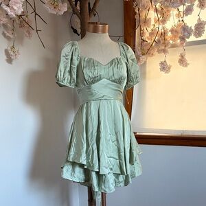 B. Smart Light Sage Light Green Mini Dress with Puff Sleeves
